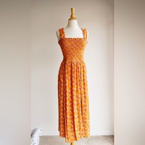 WAYF Smocked Floral Midi Dress Small Orange Rayon